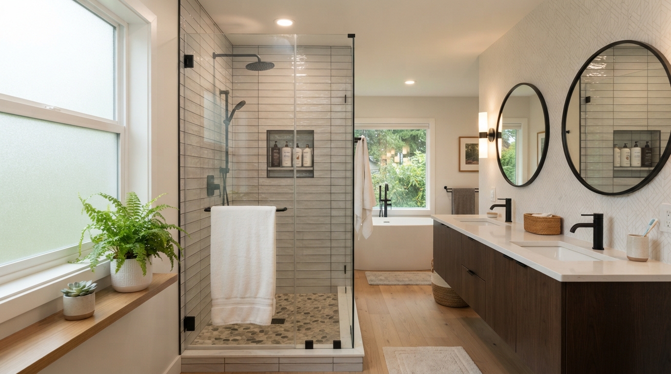 Updated bathroom with a vanity, tub, and tiled walls