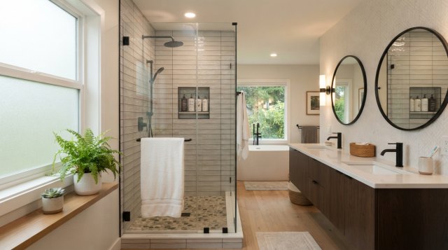 Bright remodeled bathroom with a vanity, bathtub, and coordinated finishes