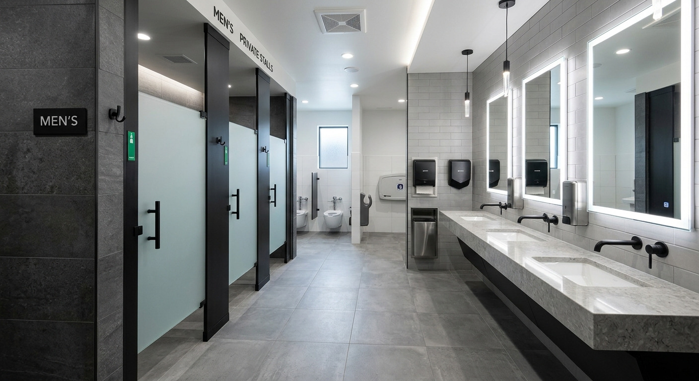 Modern bathroom with a bathtub, vanity, and tiled shower wall