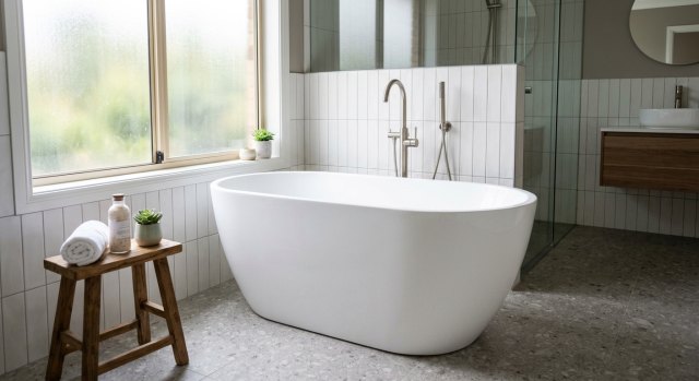 New bathtub installation with tiled surround and polished fixtures