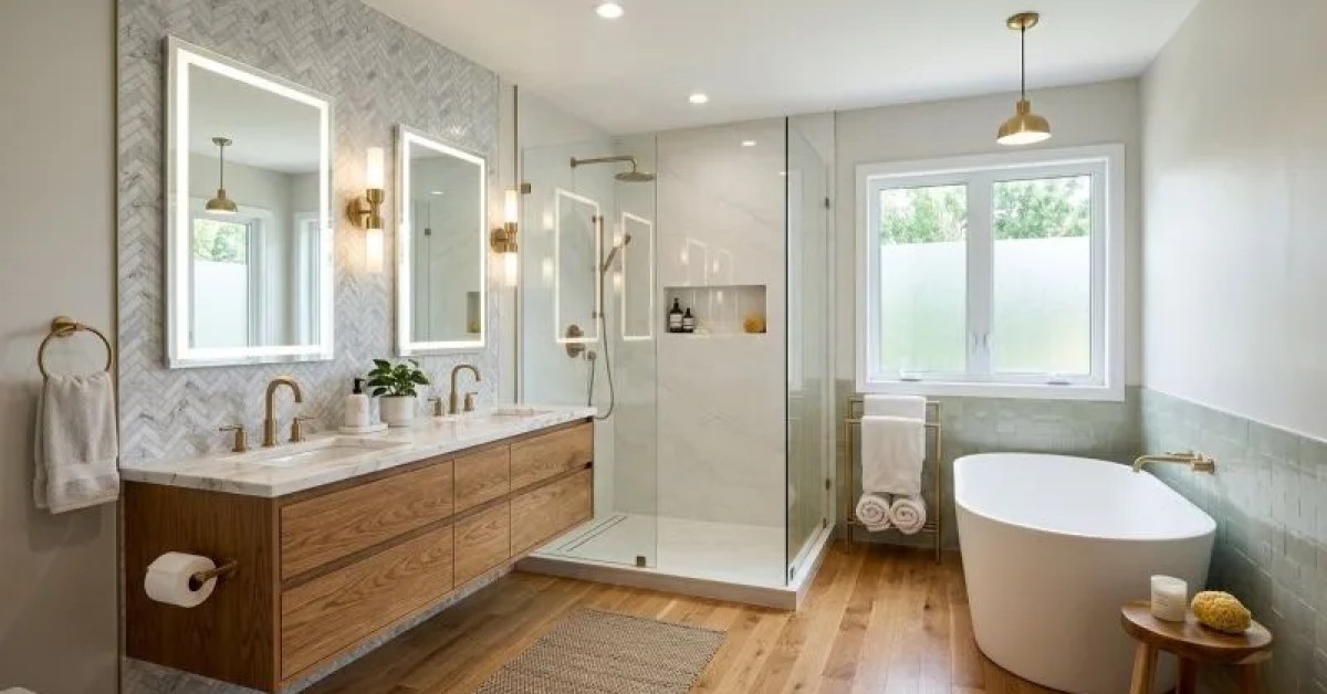 Bathroom with a bathtub, tiled shower and glass shower door