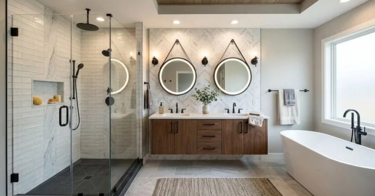 Bathroom with a considered layout, vanity storage, and modern fixtures