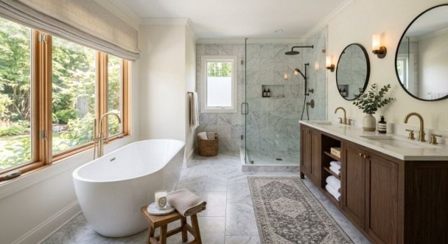Bright remodeled bathroom with a vanity, bathtub, and coordinated finishes