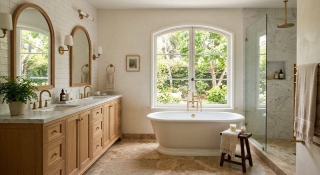 Bathroom design concept showing a vanity, shower area, storage, and coordinated finishes