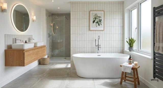 New bathtub installation with tiled surround and polished fixtures