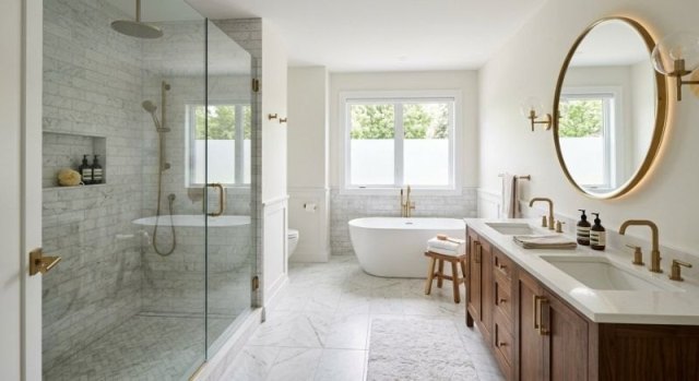 Bathroom design concept showing a vanity, shower area, storage, and coordinated finishes
