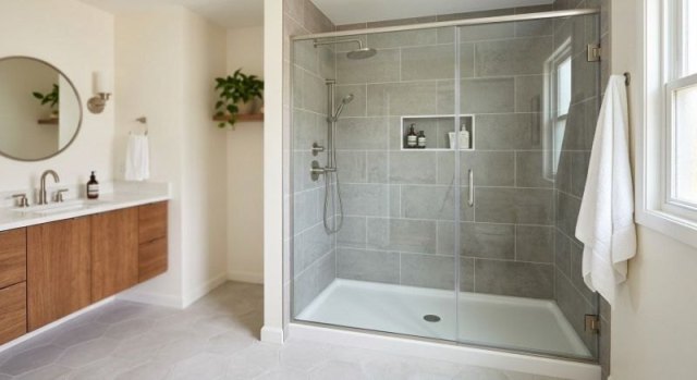 Clear glass shower enclosure with hinged door and metal hardware