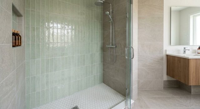 Accessible walk-in shower with handheld fixture and built-in shelf