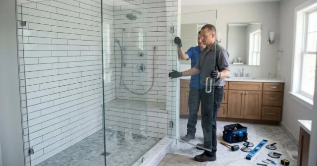 Clear glass shower enclosure with hinged door and metal hardware