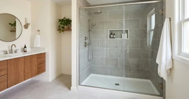 Converted tub area with a walk-in shower base, wall surround, and practical fixtures
